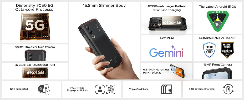 DOOGEE Blade20 Turbo 5G Rugged Phone 6.6" Gemini Al Dimensity 7050 10300mAh 8GB 256GB 50MP Camera Android 15 NFC Mobile Phone