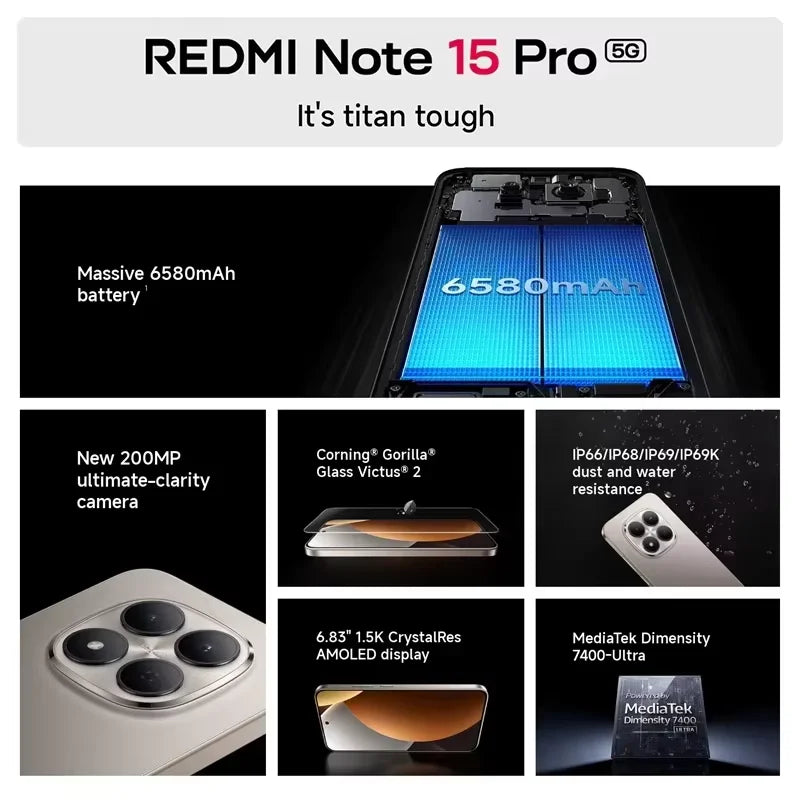 Global Version Redmi Note 15 Pro 5G Dimensity 7400-Ultra Smartphone 6580mAh 45W Battery 200MP OIS Main Camera Xiaomi Cellphone