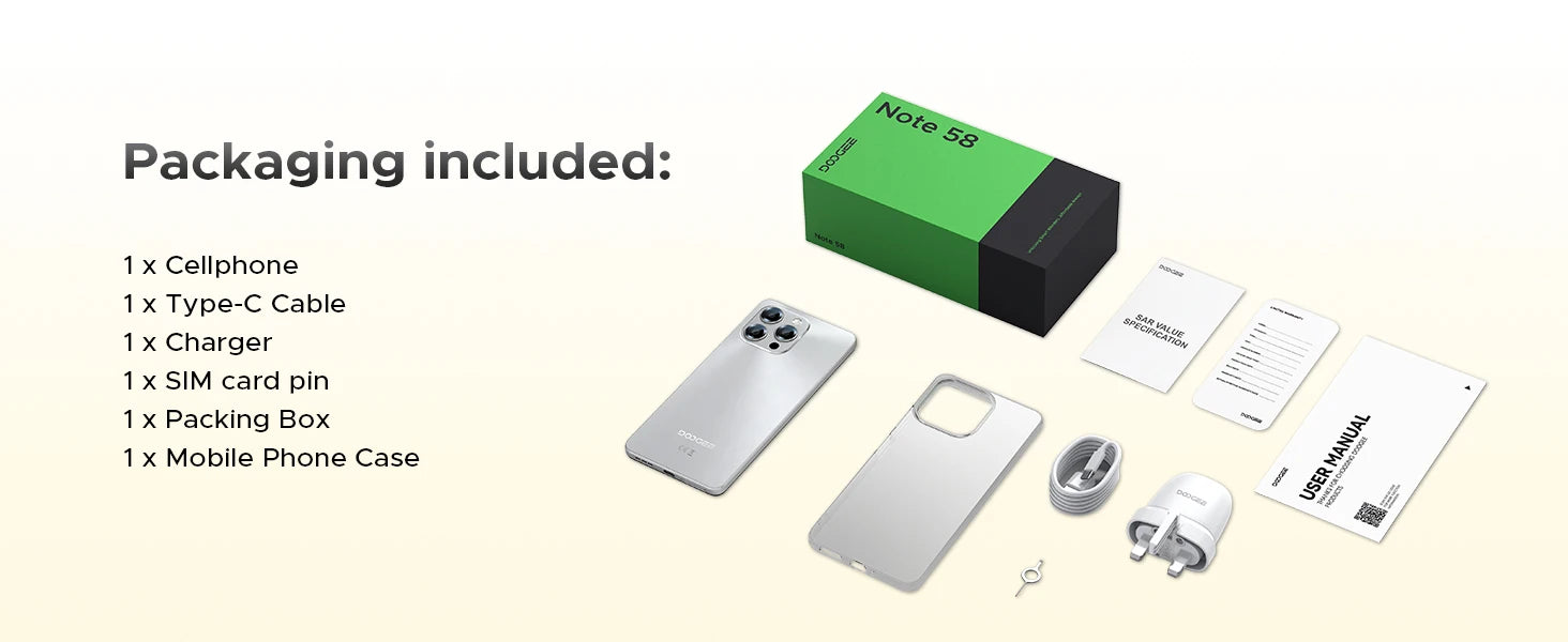 DOOGEE Note 58 Mobile Phones 6.75" HD+ Display Android 16 Smartphone 6250mAh 32GB(8GB RAM)+128GB+2TB Android Phones with Face ID