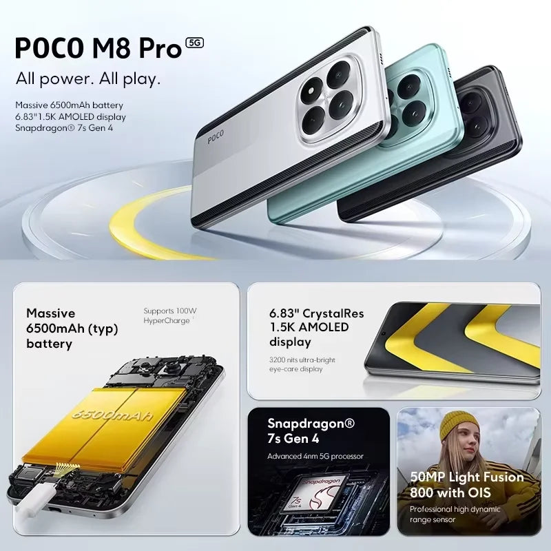 Global Version POCO M8 Pro 5G Snapdragon 7s Gen 4 Smartphone 6.83" AMOLED Display 50MP Camera 6500mAh Battery POCO Cellphone