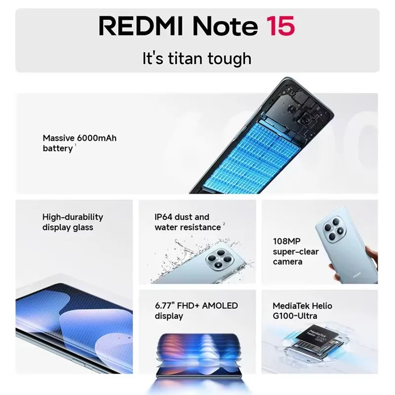 Global Version Redmi Note 15 4G Smartphone 6000mAh 33W Battery 108MP Dual Camera 6.77" AMOLED 120Hz Display Xiaomi Cellphone