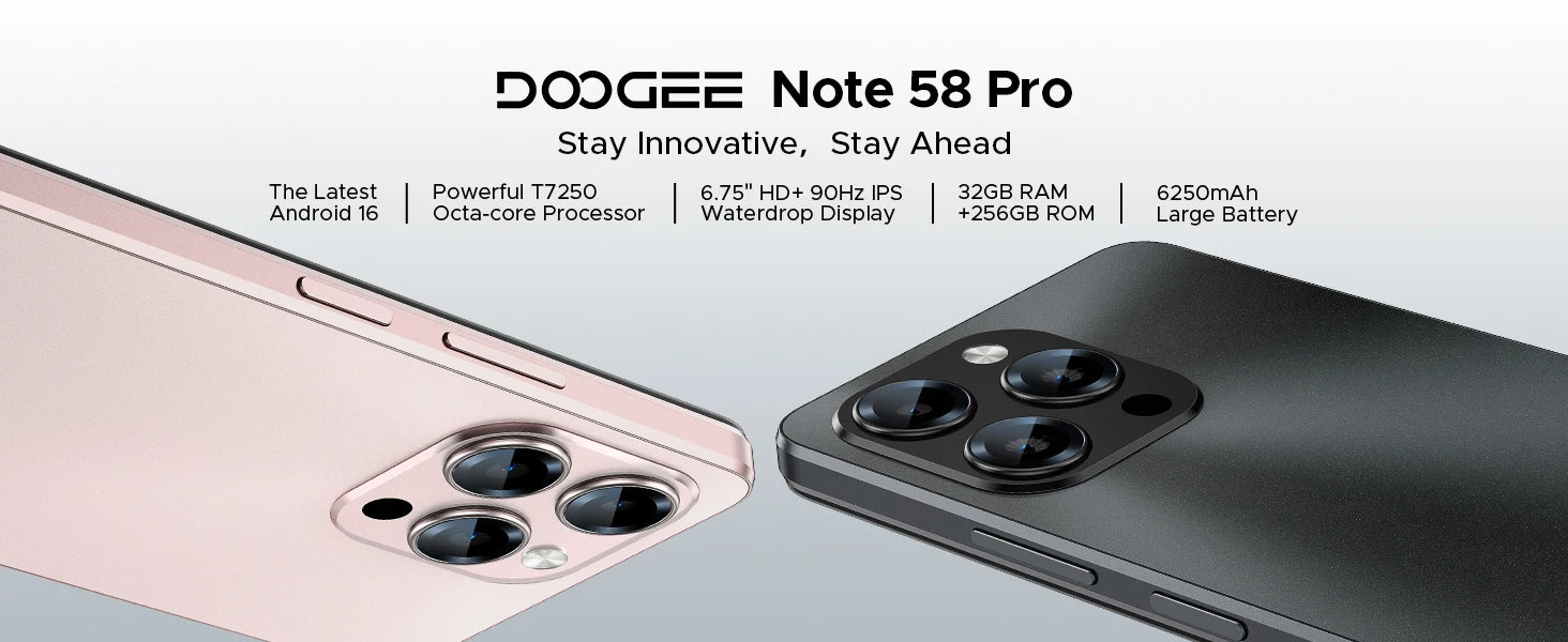 DOOGEE Note 58 Pro Android 16 Unlocked Cell Phone 32GB+256GB/2TB 6.75" HD+ 90Hz Android Phone 6250mAh Battery 16MP+8MP 4G Phone