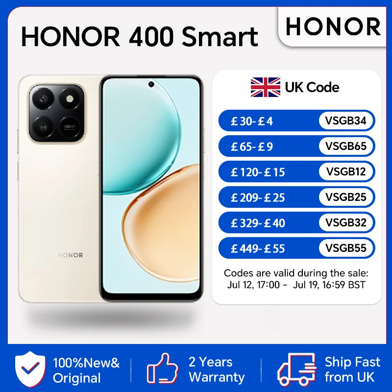 HONOR 400 Smart 4G,EU Version,108MP Main Camera,6500mAh Battery, 5-star SGS Premium Drop Protection, Instant AI Button,IP54