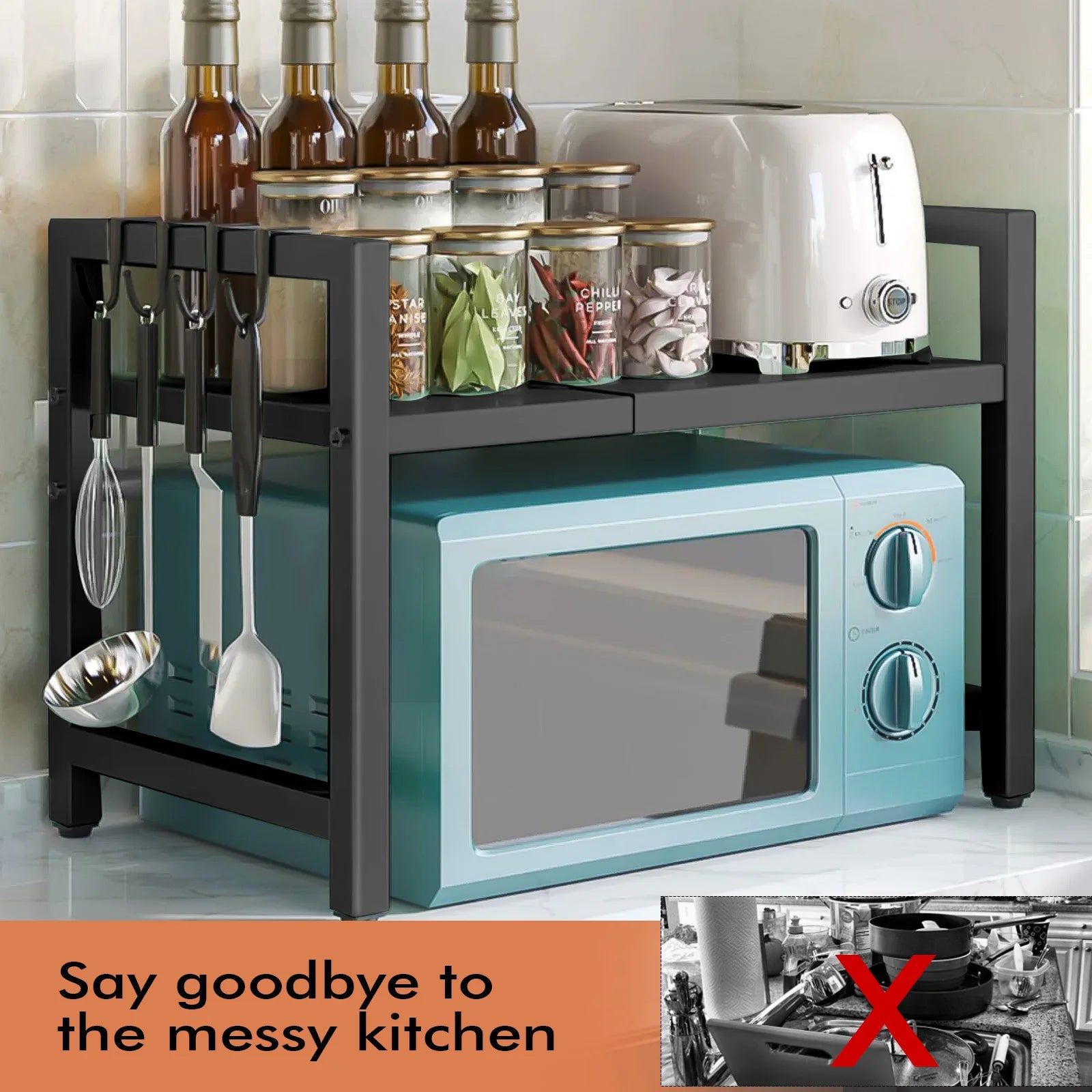 Expandable Microwave Rack 2 Tier Microwave Rack with 6 Hooks Microwave Rack Baking Rack Kitchen Countertop Organiser Black