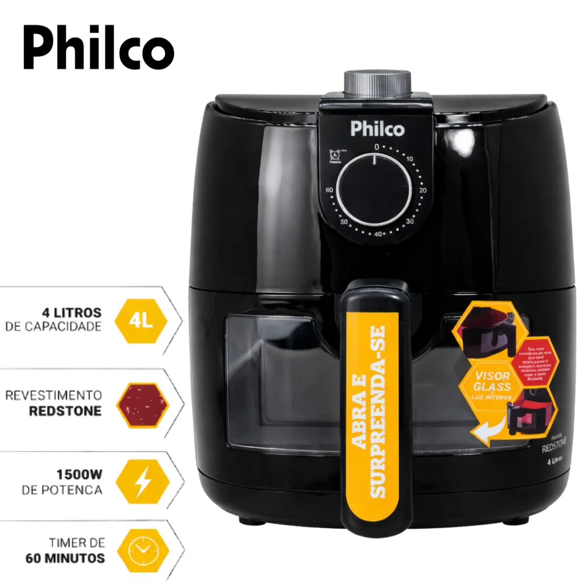 Air Fryer Philco 4L 1500W Oil Free Electric Fryer Non-stick Redstone 127V/220V Timer 60min