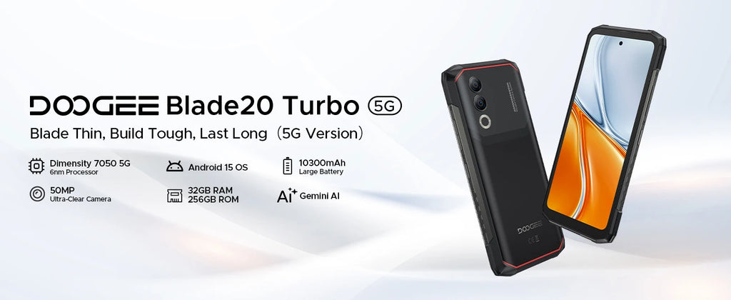 DOOGEE Blade20 Turbo 5G Rugged Phone 6.6" Gemini Al Dimensity 7050 10300mAh 8GB 256GB 50MP Camera Android 15 NFC Mobile Phone