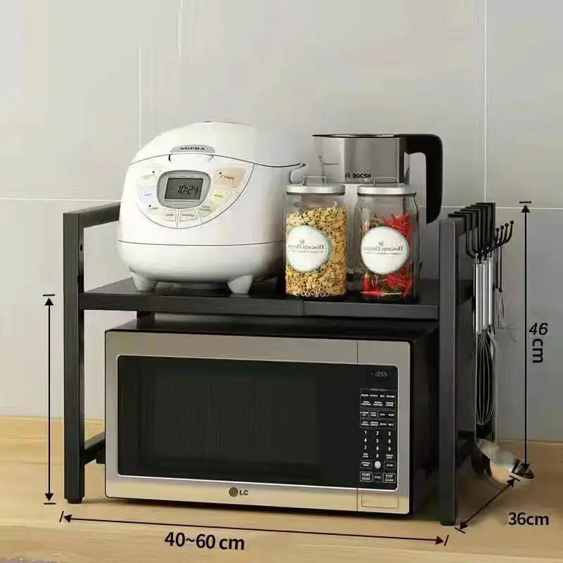 Expandable Microwave Rack 2 Tier Microwave Rack with 6 Hooks Microwave Rack Baking Rack Kitchen Countertop Organiser Black