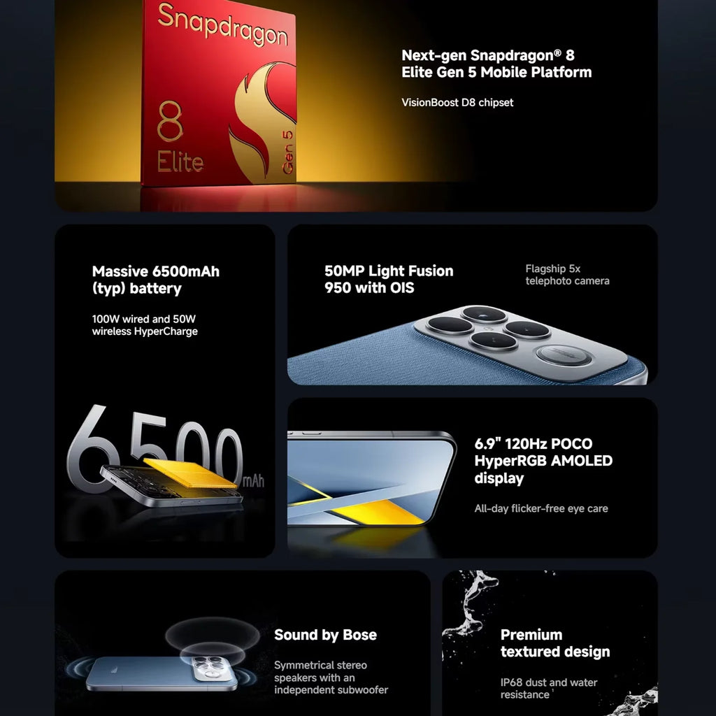 Global Version POCO F8 Ultra Snapdragon 8 Elite Gen 5 Smartphone 6.9" 120Hz AMOLED Display 6500mAh 100W Battery POCO Telephone