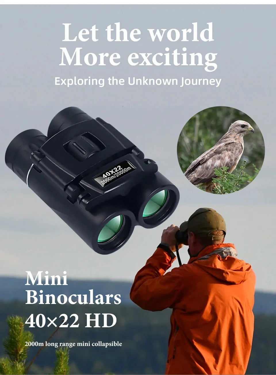 40x22 HD Binoculars BAK4 FMC Folding Mini Telescopic Sight Long Range 2000M for Hunting Sports Camping Travel