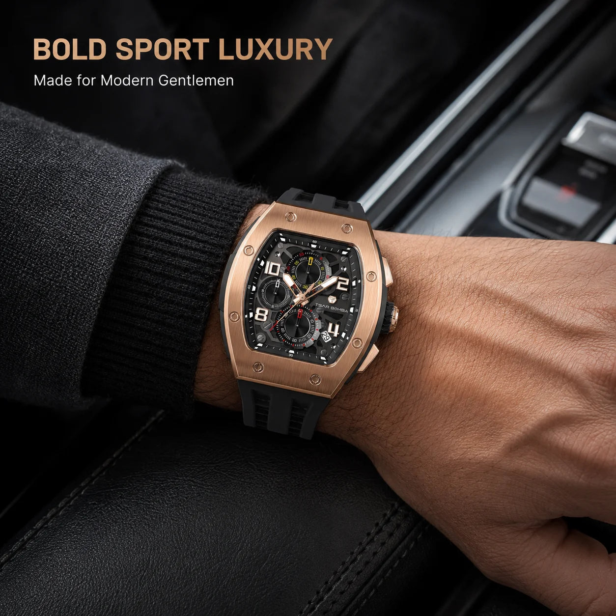 TSAR BOMBA Men's Luxury Quartz Watch, Sapphire Crystal, Chronograph, 5ATM Water Resistant, Rose Gold Business Fashion Wristwatch