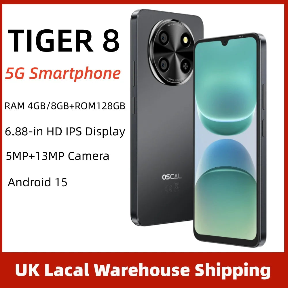 OSCAL TIGER 8 5G Ai Smartphone Android 15 6.88 inch HD 120Hz Display RAM 4GB/8GB+128GB ROM Storage 5MP+13MP Camera Buit-in Ai