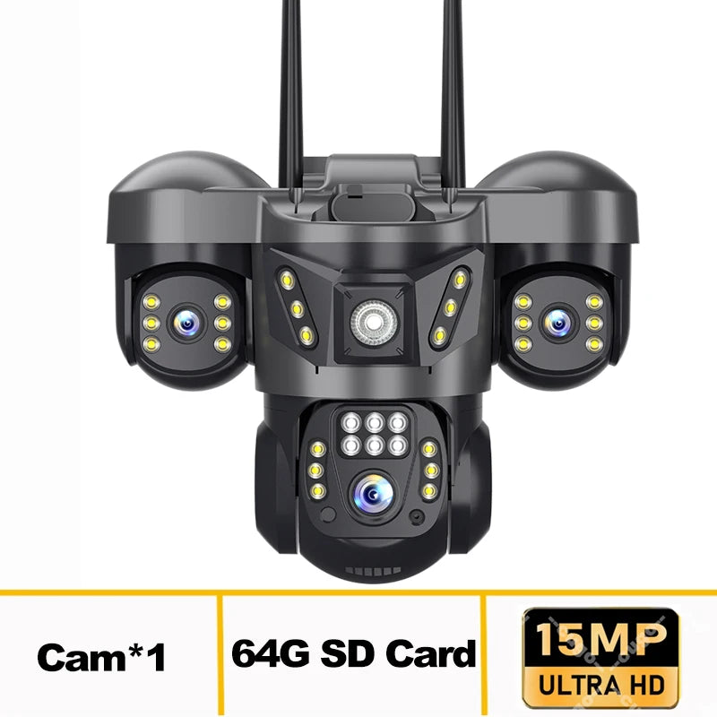 15MP 8K WIFI IP Camera 10X Zoom Triple Lens Outdoor Triple Screen PTZ Cam Waterproof CCTV Auto Tracking Security Surveillance