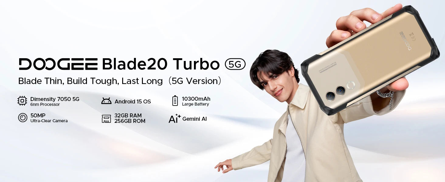 DOOGEE Blade20 Turbo 5G Rugged phone  Dimensity 7050 2.6GHz & Gemini AI 32(8+24) GB+256GB Android 15 Rugged SmartPhone 10300mAh