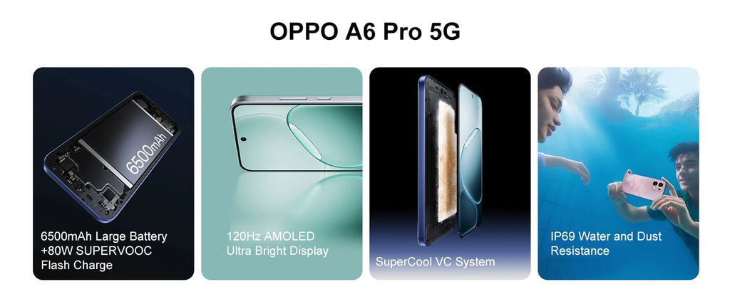 SIM Free OPPO A6 Pro 5G 8GB+256GB Mobile Phones 6500mAh 80W battery IP69 Water and Dust Resistance smart phone