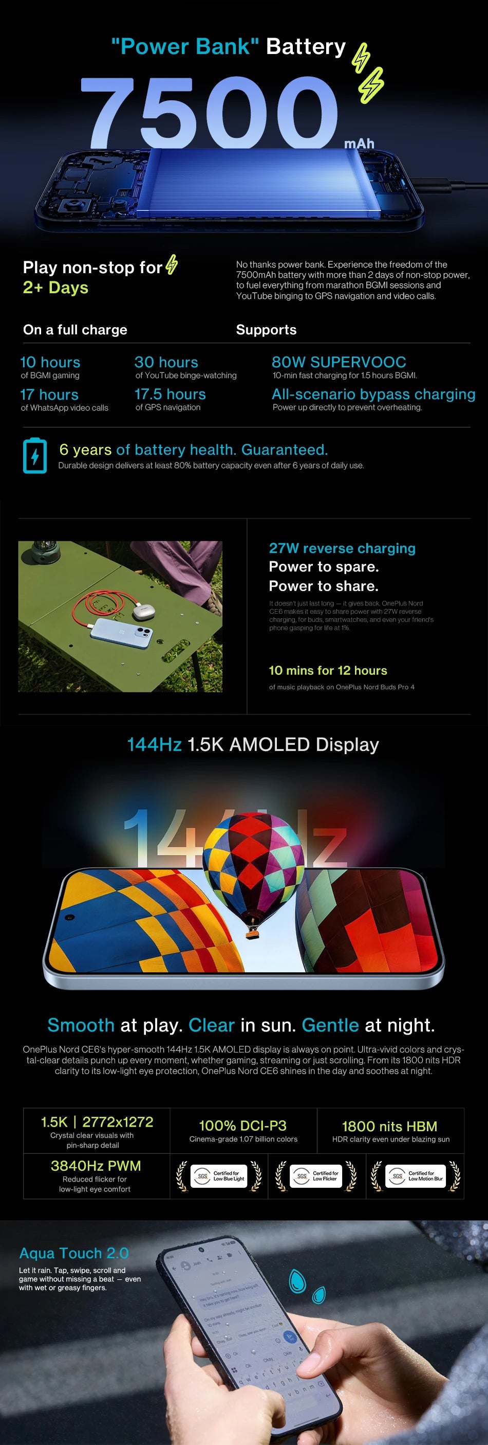 SIM Free OnePlus Nord CE 6 5G 8+256GB Mobile Phones 7500mAh 80W Snapdragon 7-series performance 144HZ 50MP Camera smart phone OxygenOS 16 IP69
