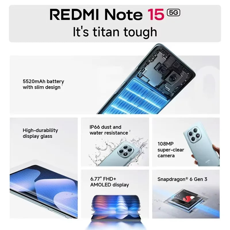 Global Version Redmi Note 15 5G Smartphone 5520mAh 45W Battery 108MP Main Camera 6.77" 120Hz AMOLED Display Xiaomi Cellphone