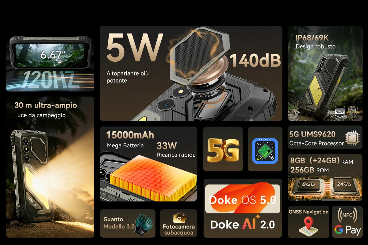 Blackview OSCAL PILOT 5 5G Rugged Phone AI Smartphone 6.67" 2.4K Display 120Hz Display UNISOC T8100 8GB 256GB15000Am Battery