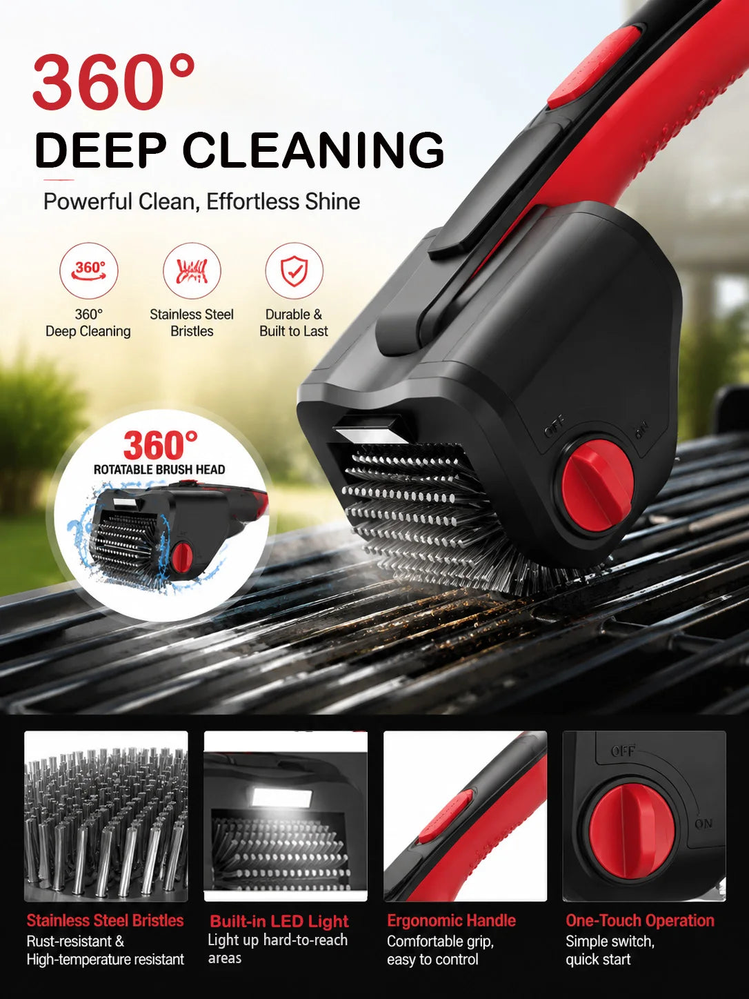 Upgraded Electric Grill Brush Cordless Rechargeable Grill Cleaning Brush 90-Min Runtime Stainless Steel Brush Cleaner for BBQ