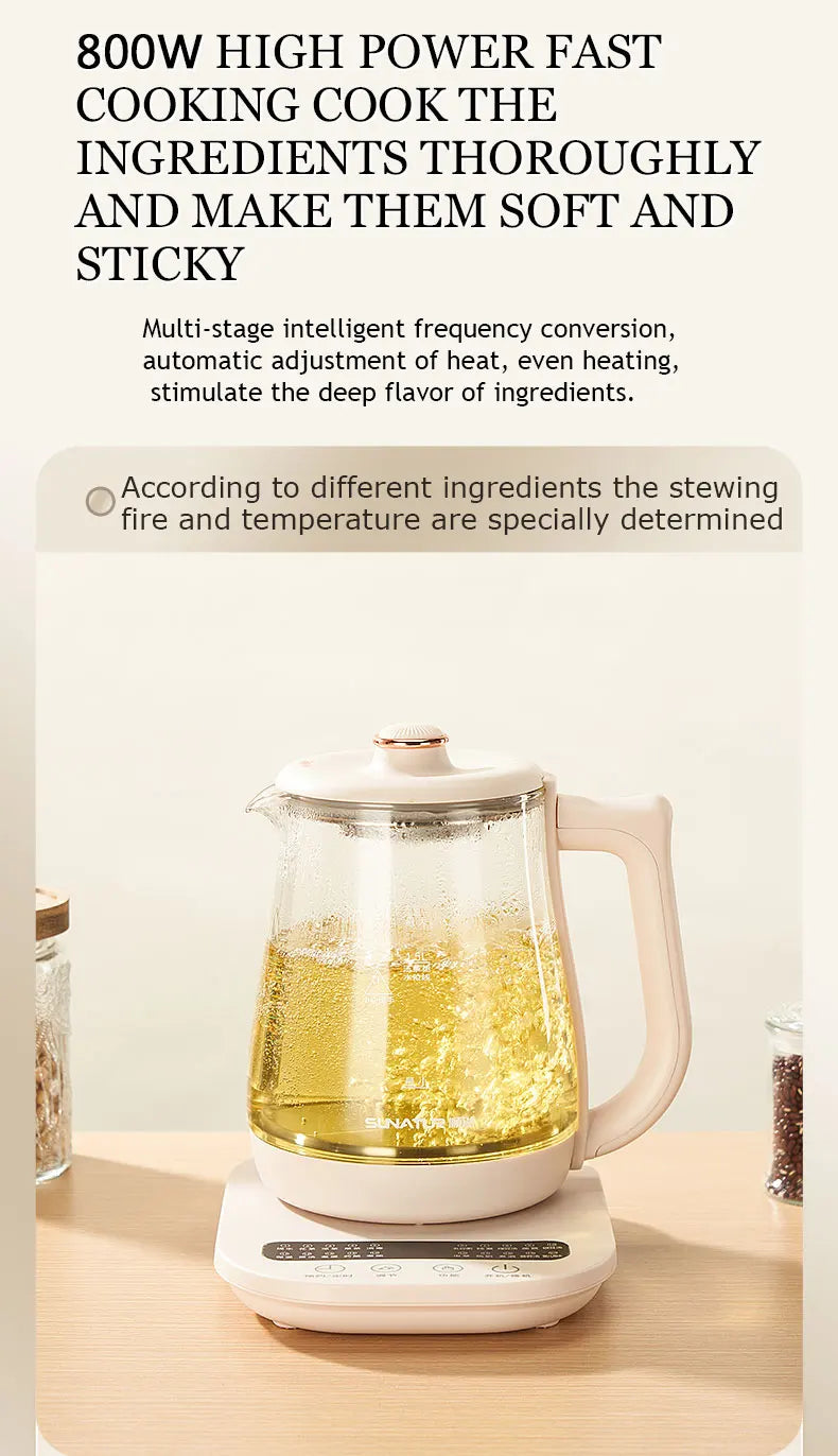 SUNATUR Kettles Electric Glass 220V Multifunction Health Pot Milk Fruit Tea Coffee Water 800W 24-hour Heat Preservation