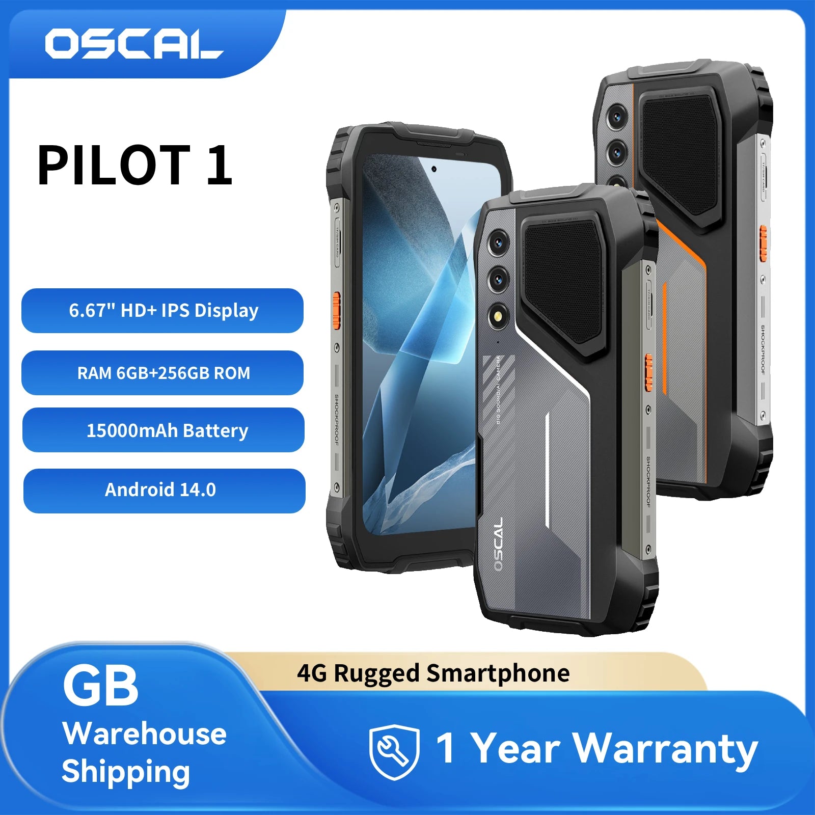 Blackview OSCAL PILOT 1 Rugged Phone 6.67" 90Hz IPS Display 6GB+256GB Android 14 Outdoor Smartphone with LED Flashlight GPS/NPC