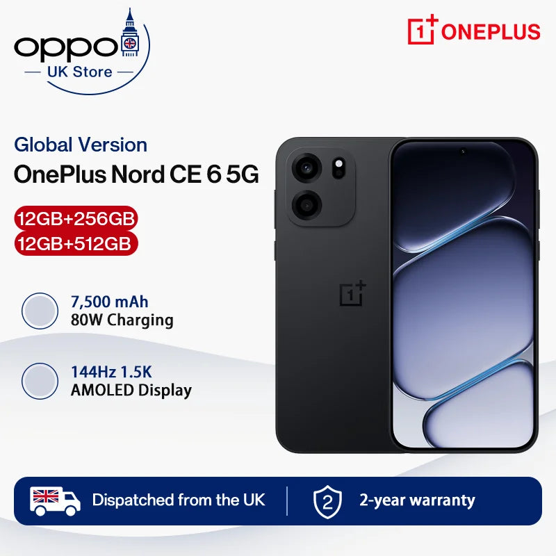 SIM Free OnePlus Nord CE 6 5G 8+256GB Mobile Phones 7500mAh 80W Snapdragon 7-series performance 144HZ 50MP Camera smart phone OxygenOS 16 IP69
