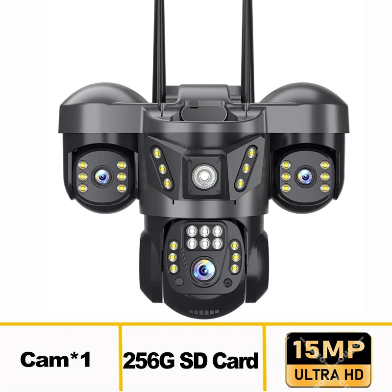 15MP 8K WIFI IP Camera 10X Zoom Triple Lens Outdoor Triple Screen PTZ Cam Waterproof CCTV Auto Tracking Security Surveillance