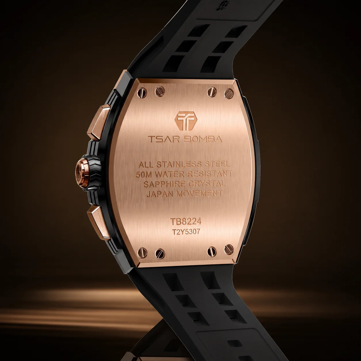 TSAR BOMBA Men's Luxury Quartz Watch, Sapphire Crystal, Chronograph, 5ATM Water Resistant, Rose Gold Business Fashion Wristwatch