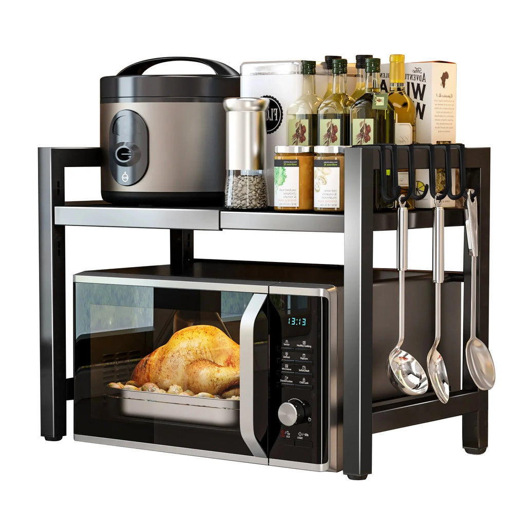 Expandable Microwave Rack 2 Tier Microwave Rack with 6 Hooks Microwave Rack Baking Rack Kitchen Countertop Organiser Black