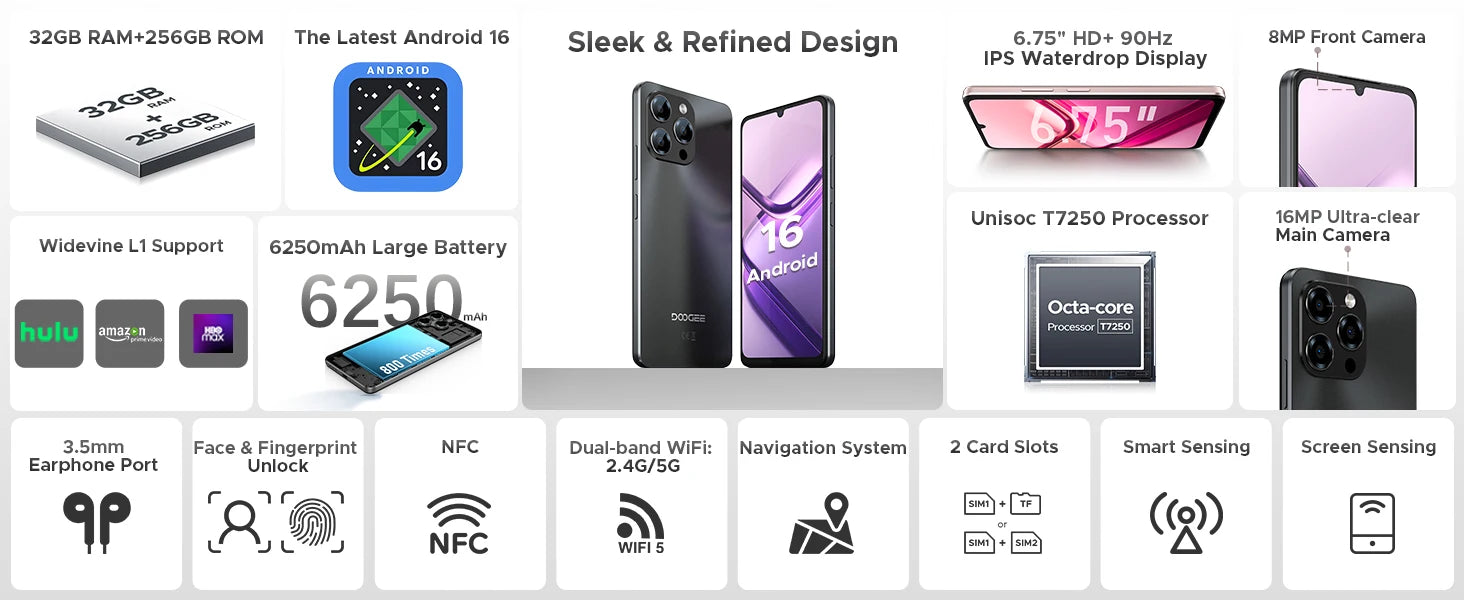DOOGEE Note 58 Pro Android 16 Unlocked Cell Phone 32GB+256GB/2TB 6.75" HD+ 90Hz Android Phone 6250mAh Battery 16MP+8MP 4G Phone