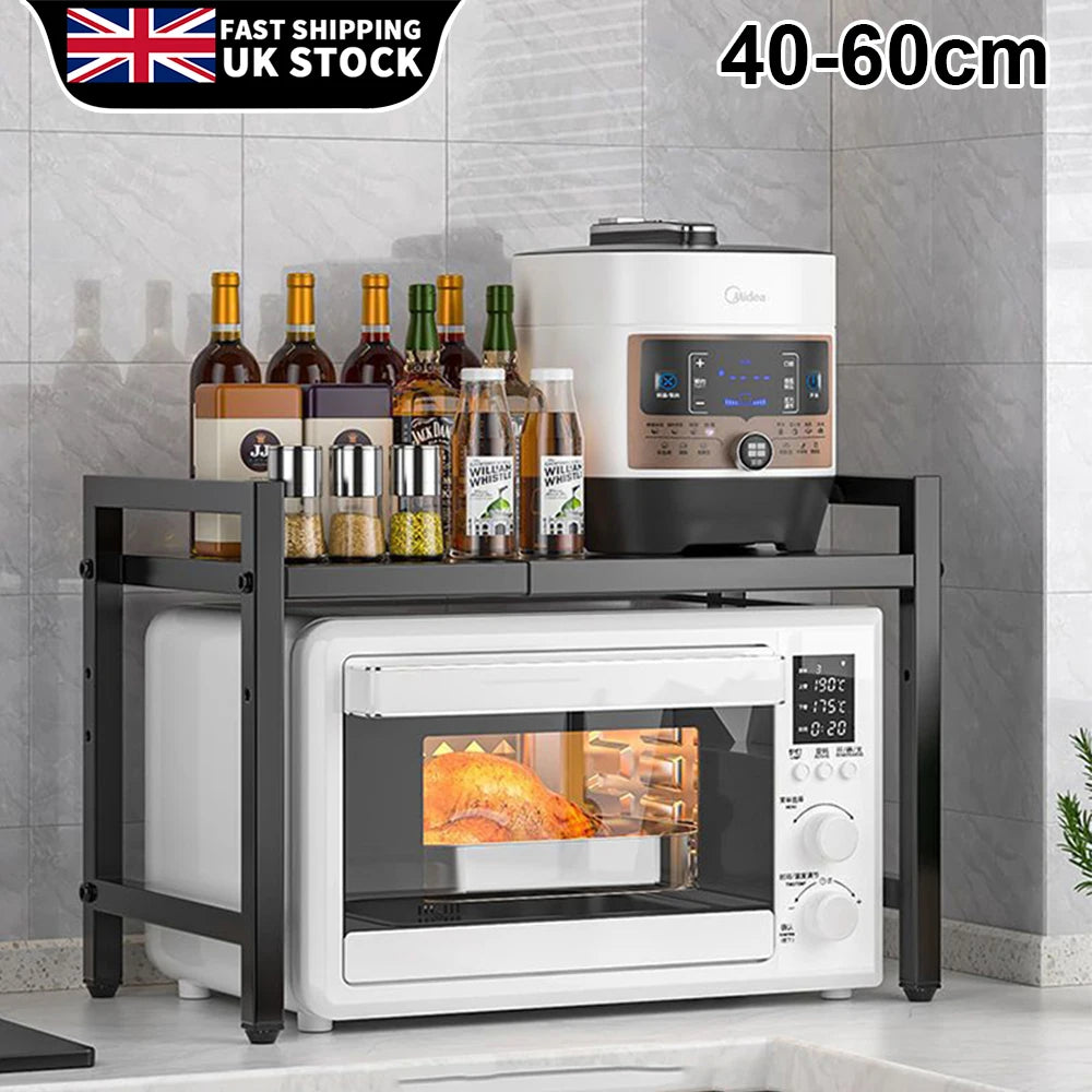 Expandable Microwave Rack 2 Tier Microwave Rack with 6 Hooks Microwave Rack Baking Rack Kitchen Countertop Organiser Black