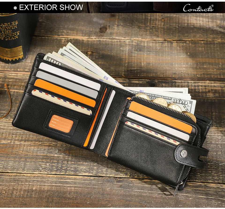 CONTACT'S Casual Men Wallets Crazy Horse Leather Short Coin Purse Hasp Design Wallet Cow Leather Clutch Wallets Male Carteiras