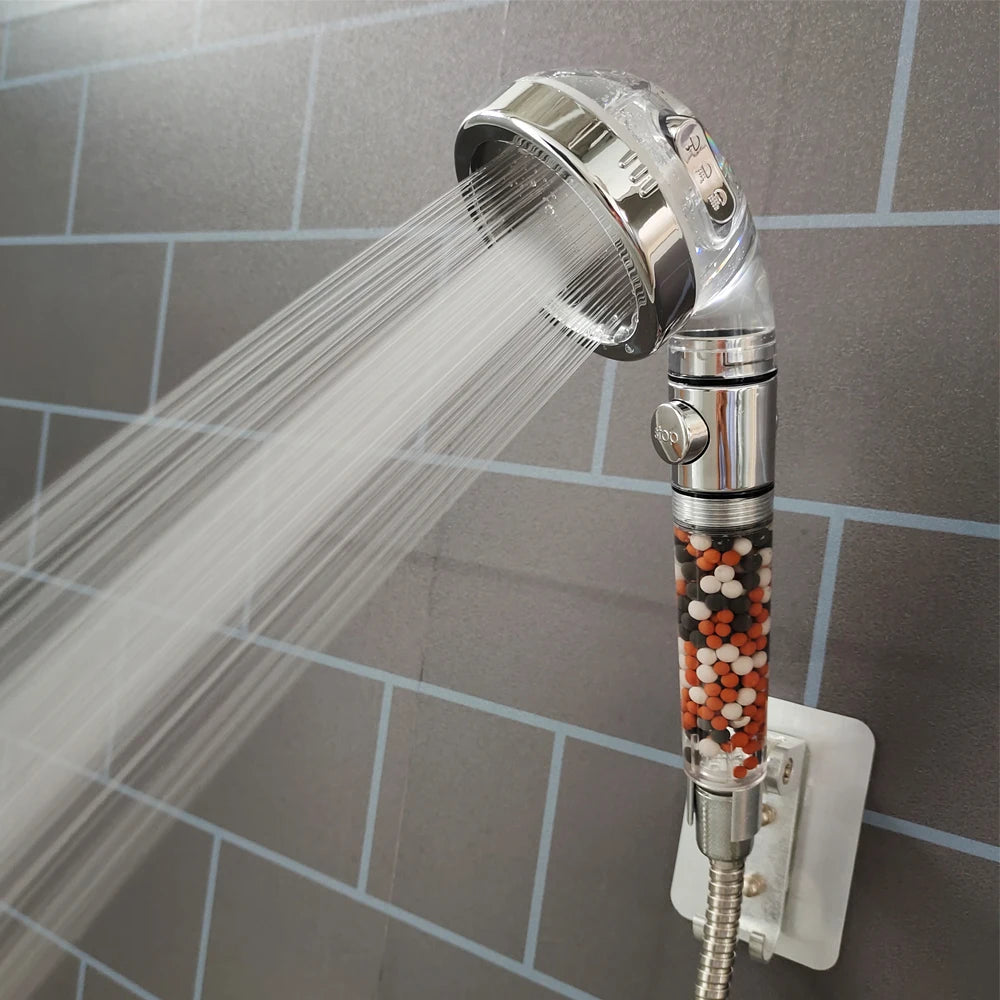 Mineral Balls 3 Modes High Pressure Shower Head with On/Off Switch Filter Water Saving Handheld Showerheads Bathroom Accessories
