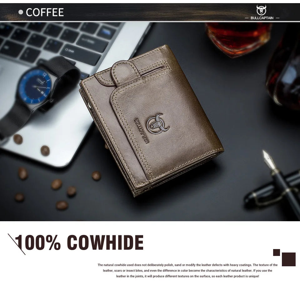 BULLCAPTAIN 100% Genuine Leather Men's Rfid Wallet Multifunctional Storage Bag Coin Purse Wallet Card Case