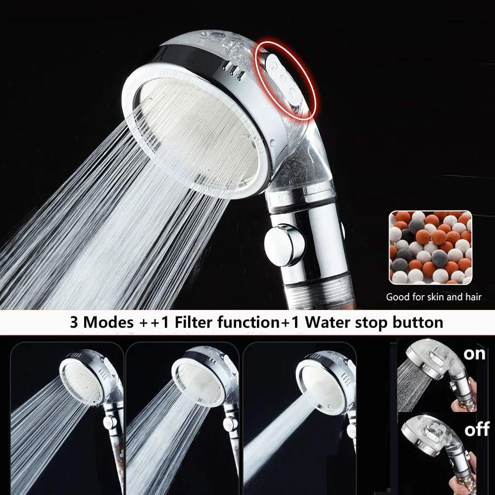 Mineral Balls 3 Modes High Pressure Shower Head with On/Off Switch Filter Water Saving Handheld Showerheads Bathroom Accessories
