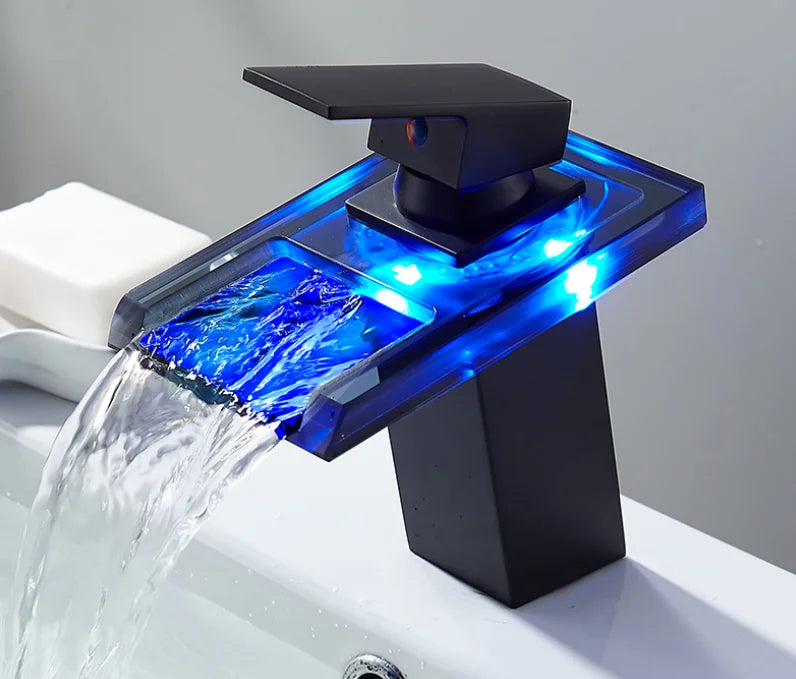 LED Basin Faucet Luminous Waterfall Temperature Colors Change  Brass  Bathroom Mixer Tap Deck Mounted Wash Sink Glass Black Taps