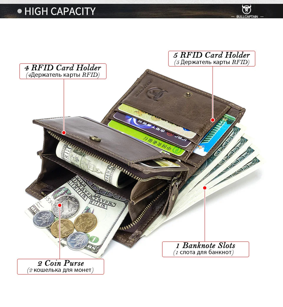 BULLCAPTAIN 100% Genuine Leather Men's Rfid Wallet Multifunctional Storage Bag Coin Purse Wallet Card Case