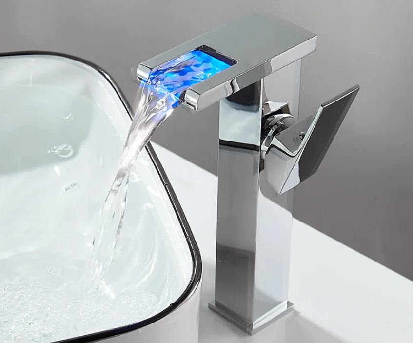 LED Basin Faucet Luminous Waterfall Temperature Colors Change  Brass  Bathroom Mixer Tap Deck Mounted Wash Sink Glass Black Taps