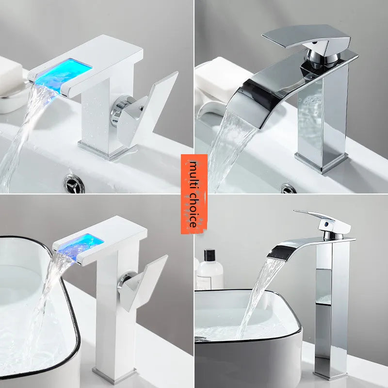 LED Basin Faucet Luminous Waterfall Temperature Colors Change  Brass  Bathroom Mixer Tap Deck Mounted Wash Sink Glass Black Taps