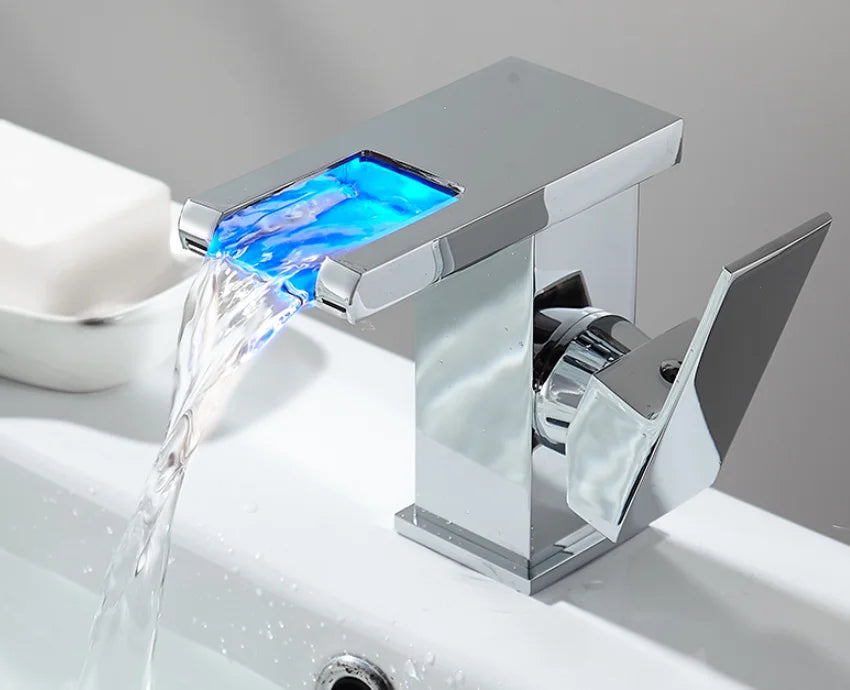 LED Basin Faucet Luminous Waterfall Temperature Colors Change  Brass  Bathroom Mixer Tap Deck Mounted Wash Sink Glass Black Taps