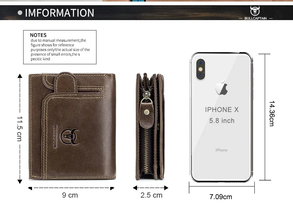 BULLCAPTAIN 100% Genuine Leather Men's Rfid Wallet Multifunctional Storage Bag Coin Purse Wallet Card Case