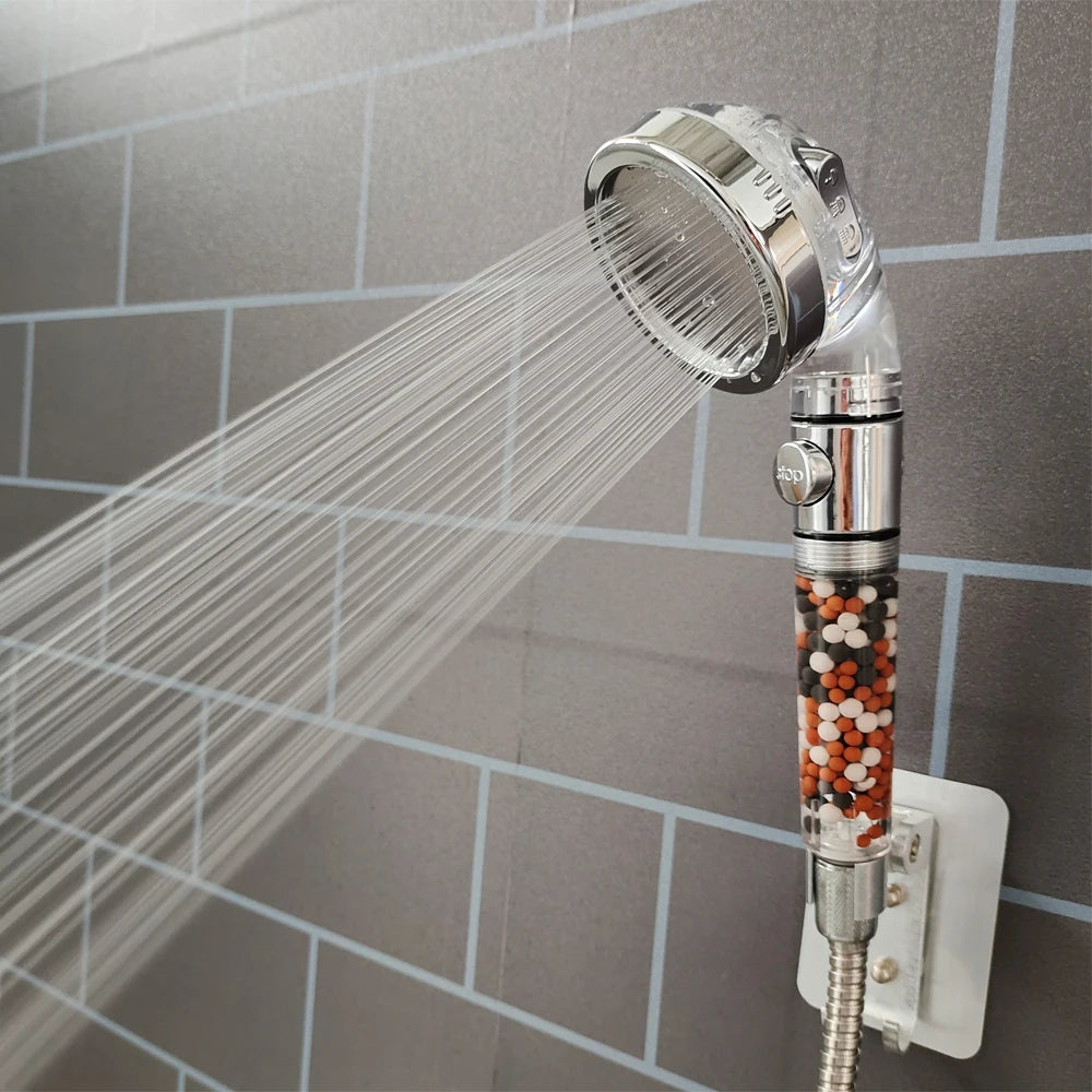 Mineral Balls 3 Modes High Pressure Shower Head with On/Off Switch Filter Water Saving Handheld Showerheads Bathroom Accessories