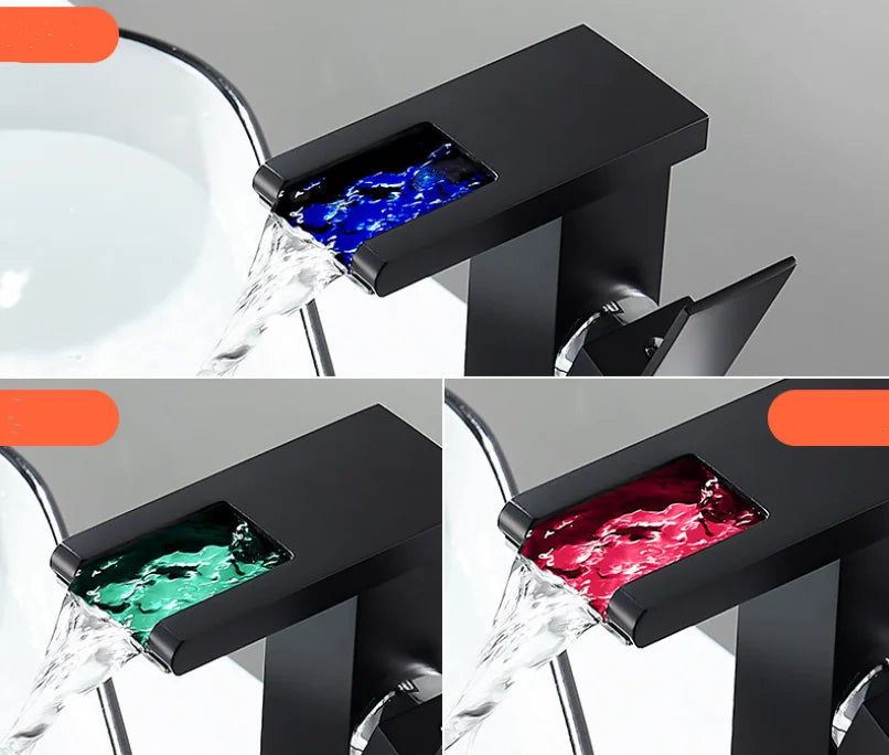 LED Basin Faucet Luminous Waterfall Temperature Colors Change  Brass  Bathroom Mixer Tap Deck Mounted Wash Sink Glass Black Taps