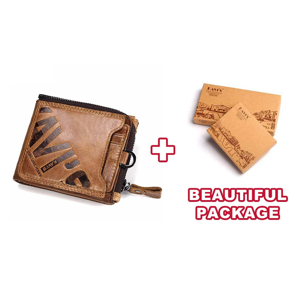 KAVIS Crazy Horse Leather Men Wallets Vintage Cowboy Travel Wallet Card Holder Fashion Coin Purse for Women with Extenal Cardbag
