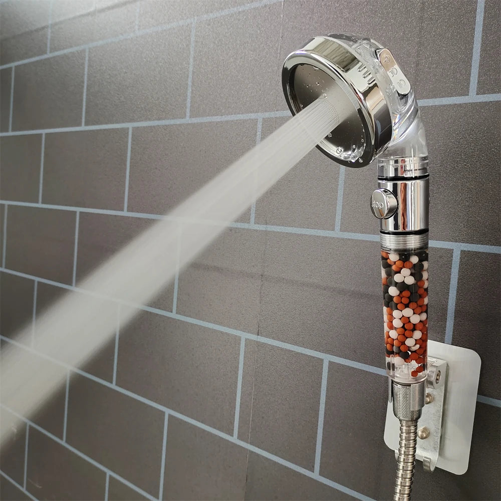 Mineral Balls 3 Modes High Pressure Shower Head with On/Off Switch Filter Water Saving Handheld Showerheads Bathroom Accessories