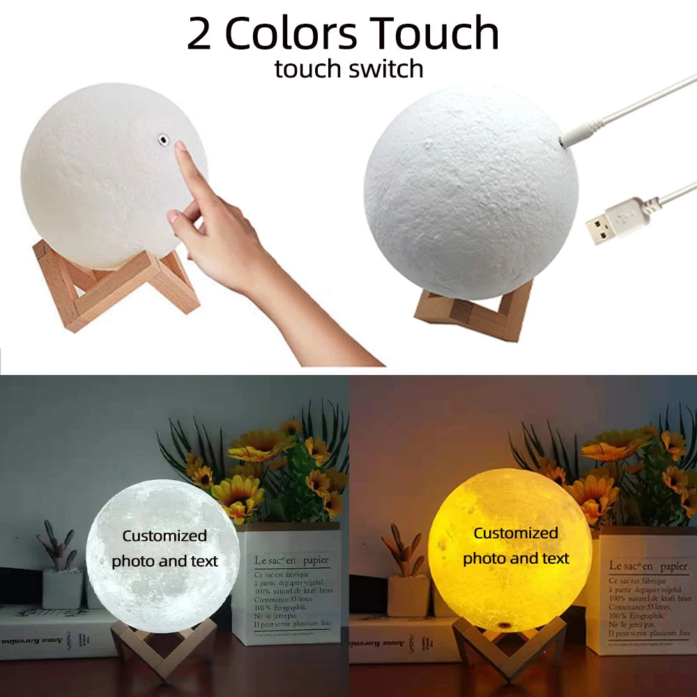 3D Printing Moon Lamp Personalized Photo Text Customized USB Night Light Birthday Mother Day Valentine's Christmas Lunar Gift