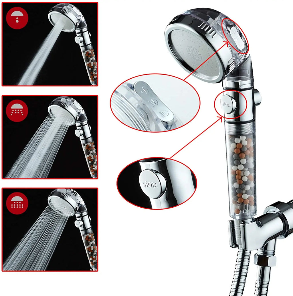 Mineral Balls 3 Modes High Pressure Shower Head with On/Off Switch Filter Water Saving Handheld Showerheads Bathroom Accessories