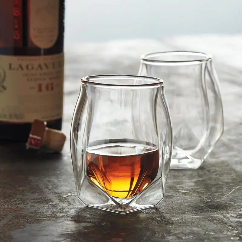 Whiskey Tasting Glass Set of 2, Double Walled Snifter, Clear Glass for Parties Bars and Home Gatherings, Dishwasher Safe