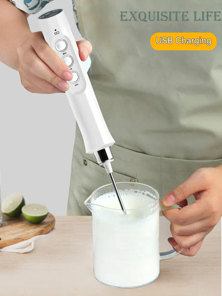 Electric Milk Frother Foam Maker Handheld Foamer High Speeds Drink Mixer Coffee Frothing Wand 3 In 1 Portable Rechargeable