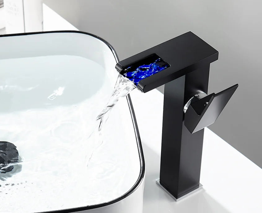 LED Basin Faucet Luminous Waterfall Temperature Colors Change  Brass  Bathroom Mixer Tap Deck Mounted Wash Sink Glass Black Taps
