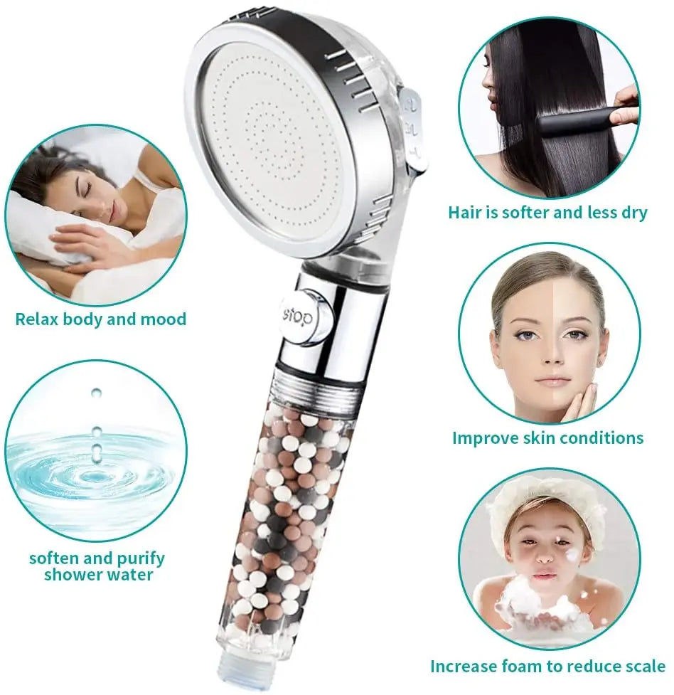 Mineral Balls 3 Modes High Pressure Shower Head with On/Off Switch Filter Water Saving Handheld Showerheads Bathroom Accessories